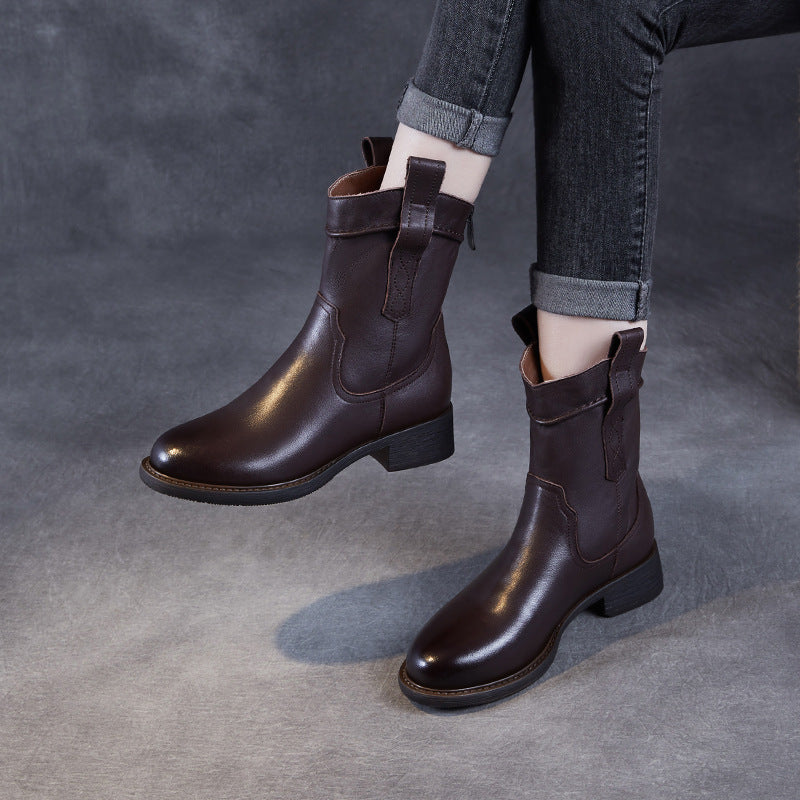 Women Vintage Comfort Solid Leather Pointed Toe Boots-RAIIFY