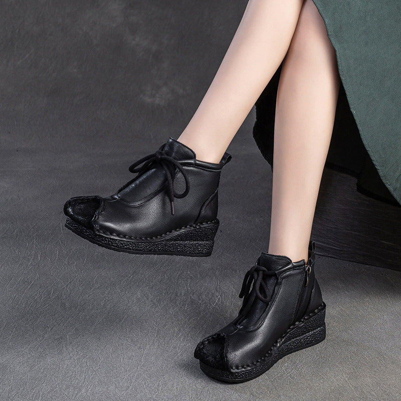 Women Retro Solid Leather Wedge Soft Ankle Boots-RAIIFY