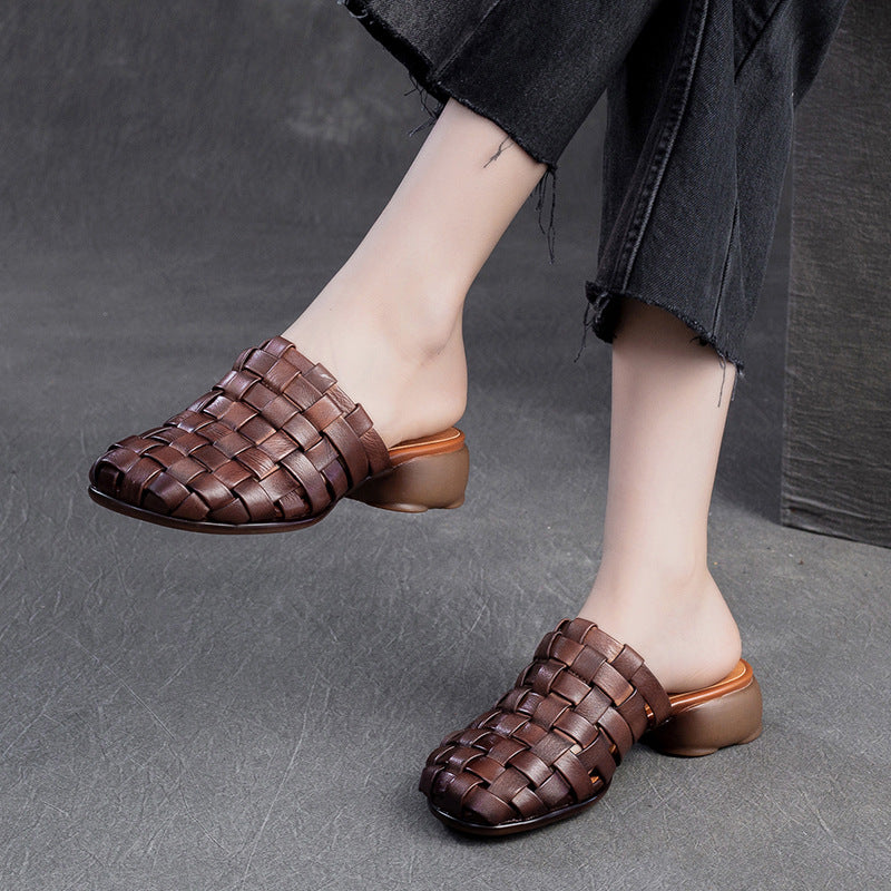 Women Handmade Plaited Leather Low Block Slides Sandals-RAIIFY