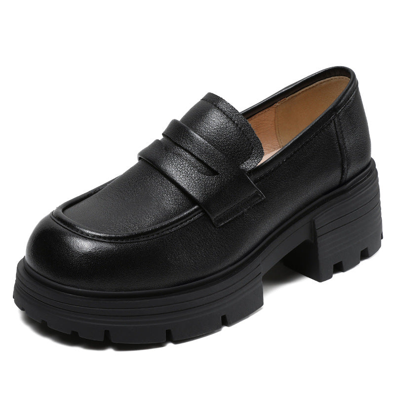 Women Minimalist Comfort Leather Platform Black Loafers-RAIIFY