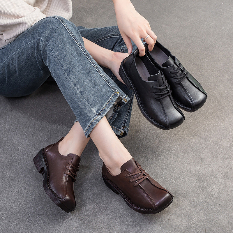 Women Retro Leather Low Block Casual Shoes-RAIIFY