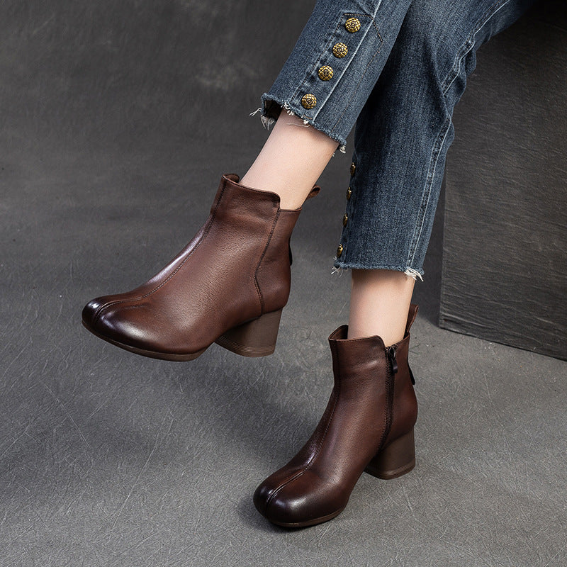 Women Retro Leather Chunky Heel Ankle Boots-RAIIFY