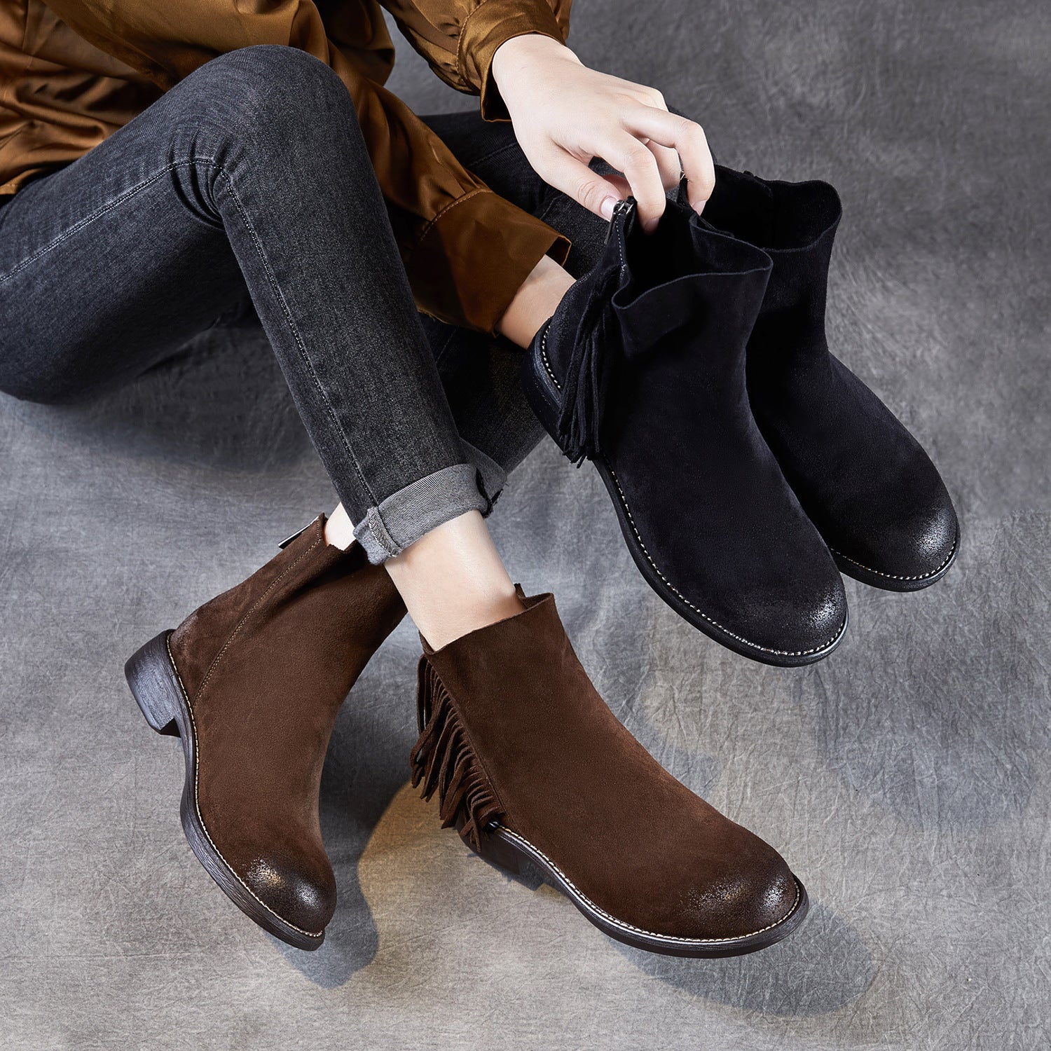 Women's Retro Plain Suede Tassels Ankle Boots-RAIIFY