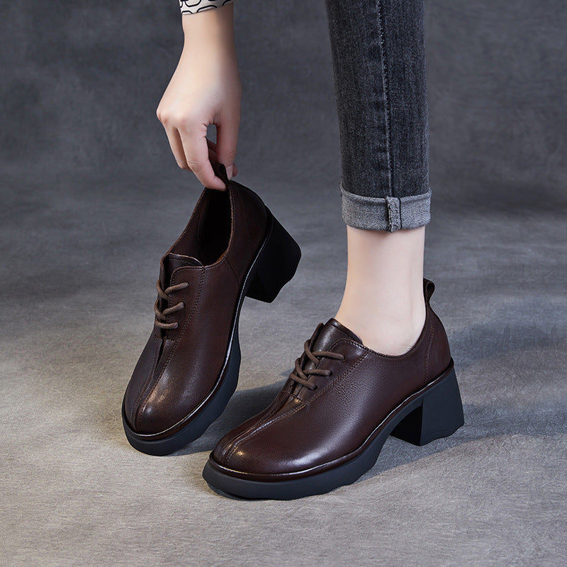 Women Retro Leather Chunky Heel Casual Shoes-RAIIFY