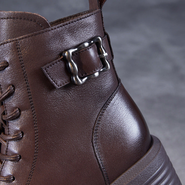 Women's Vintage Buckle Leather Platform Boots-RAIIFY