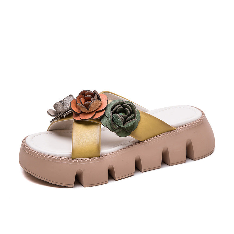 Women's Retro Leather Flower Platform Casual Slides-RAIIFY