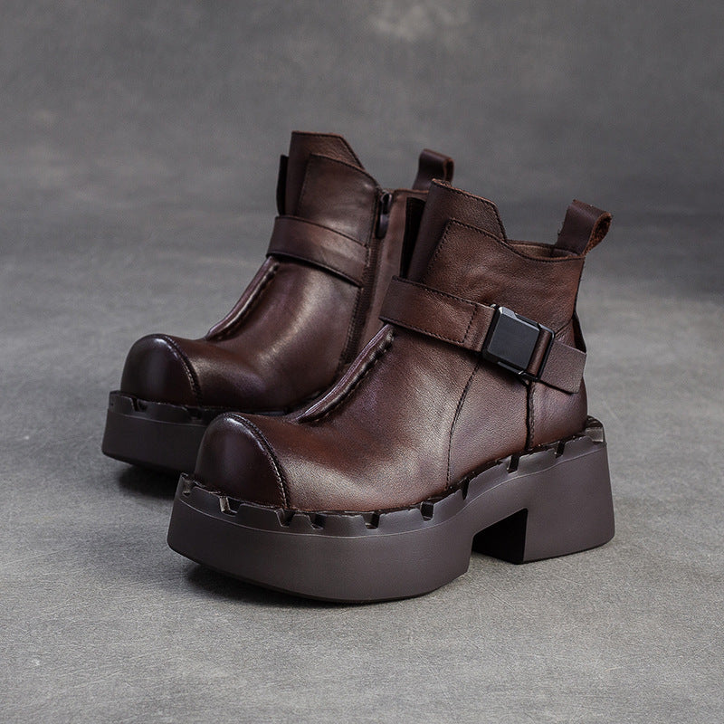 Women's Vintage Leather Buckle Platform Ankle Boots-RAIIFY