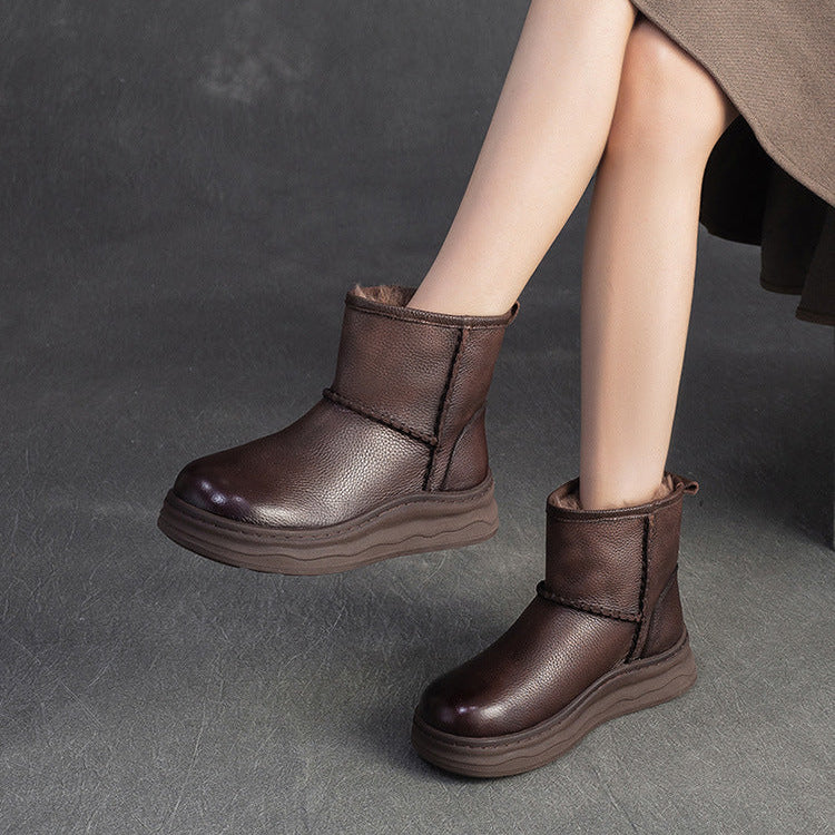 Women's Minimalist Leather Furred Slip-on Snow Boots-RAIIFY