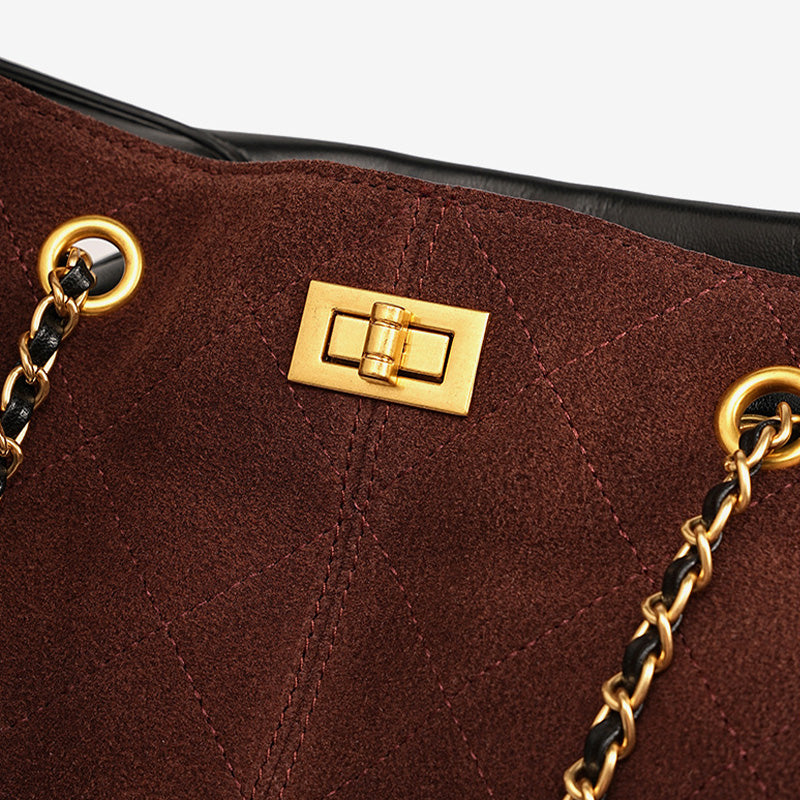 Women’s Suede Leather Bucket Bag with Chain-RAIIFY