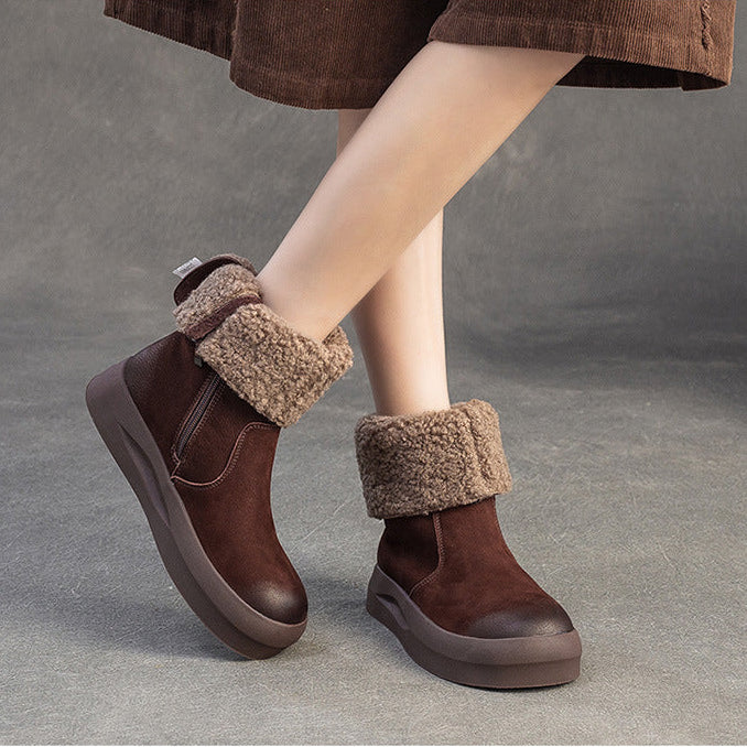 Botas de media caña de piel retro para mujer con forro polar