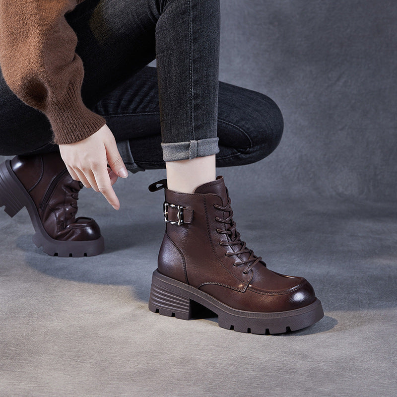 Women's Vintage Buckle Leather Platform Boots-RAIIFY