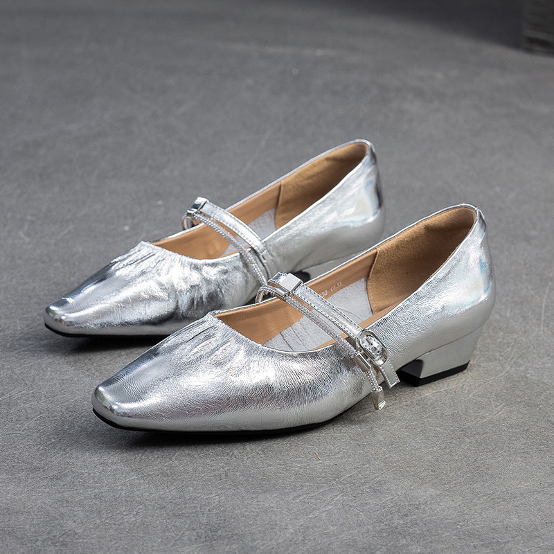 Women's Genuine Leather Pointed-Toe Low Block Pumps-RAIIFY