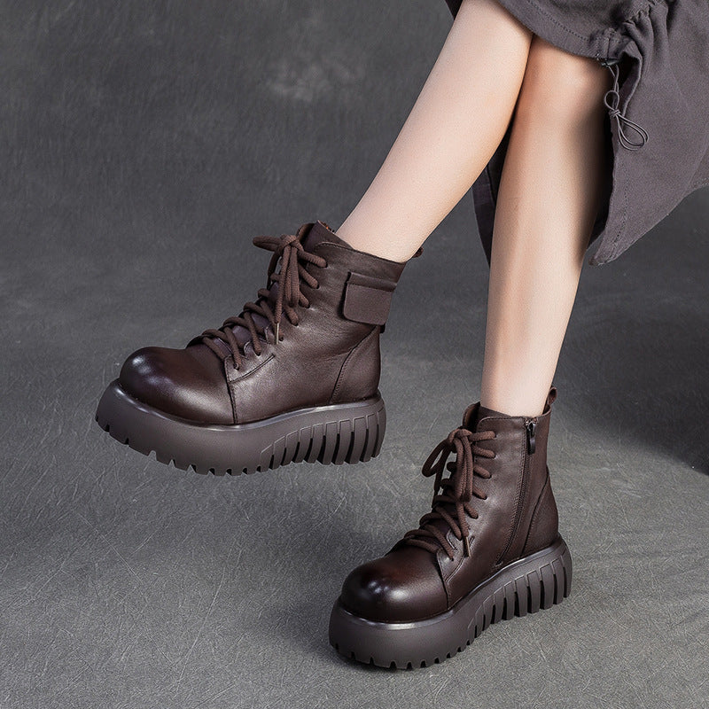 Women's Vintage Leather Casual Platform Boots-RAIIFY