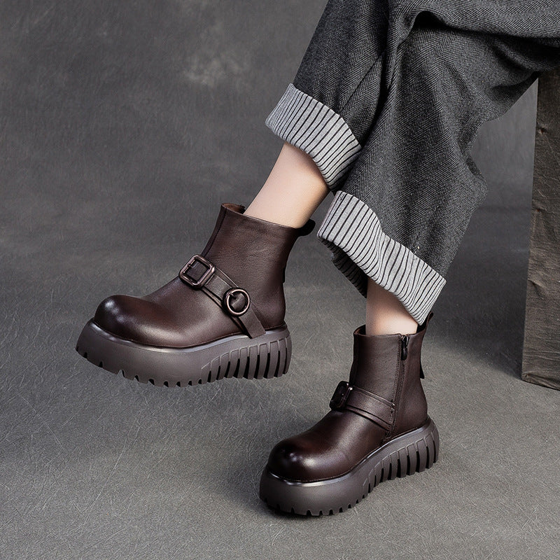 Women's Minimalist Plain Leather Ankle Platform Boots-RAIIFY