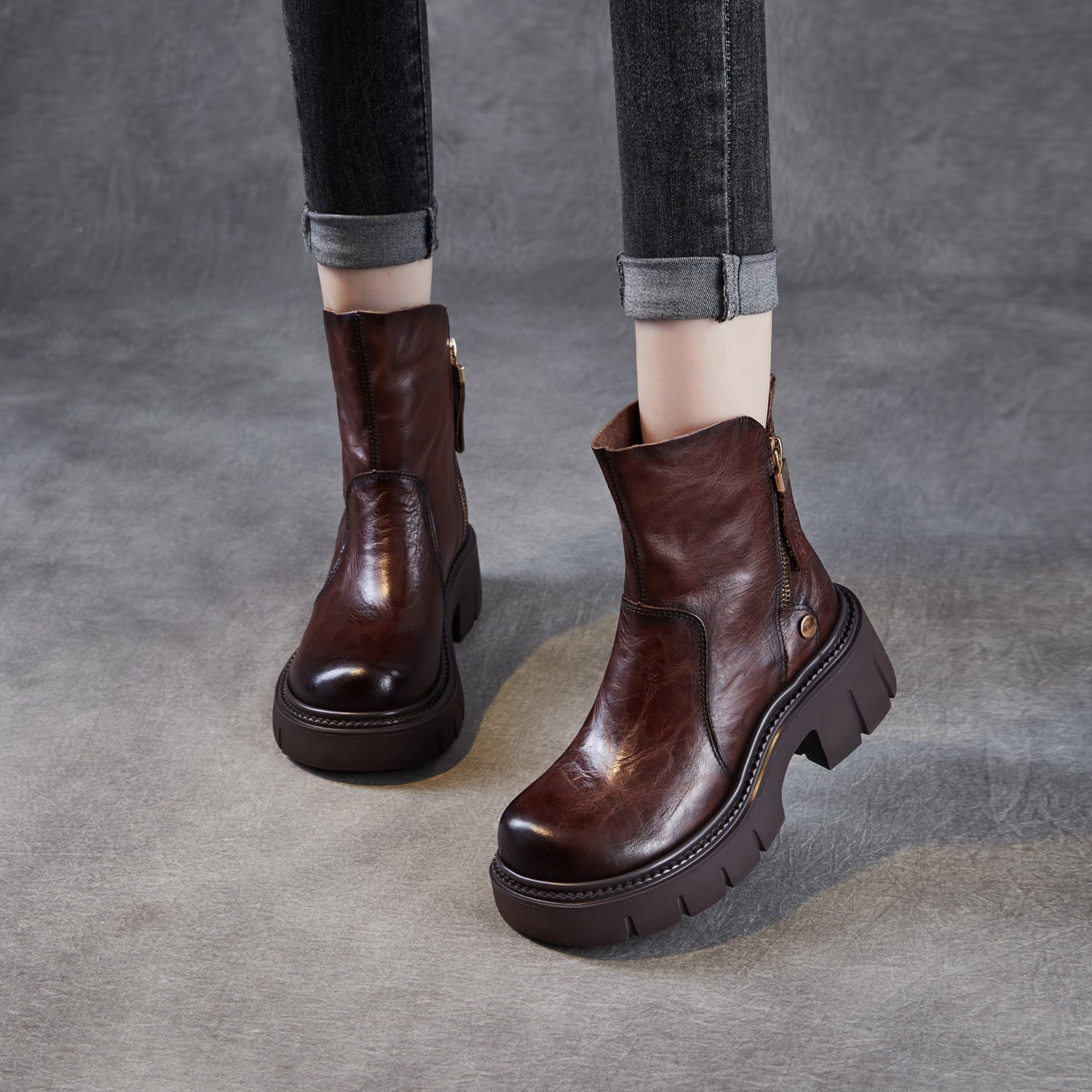 Women's Vintage Leather Chunky Platform Boots-RAIIFY