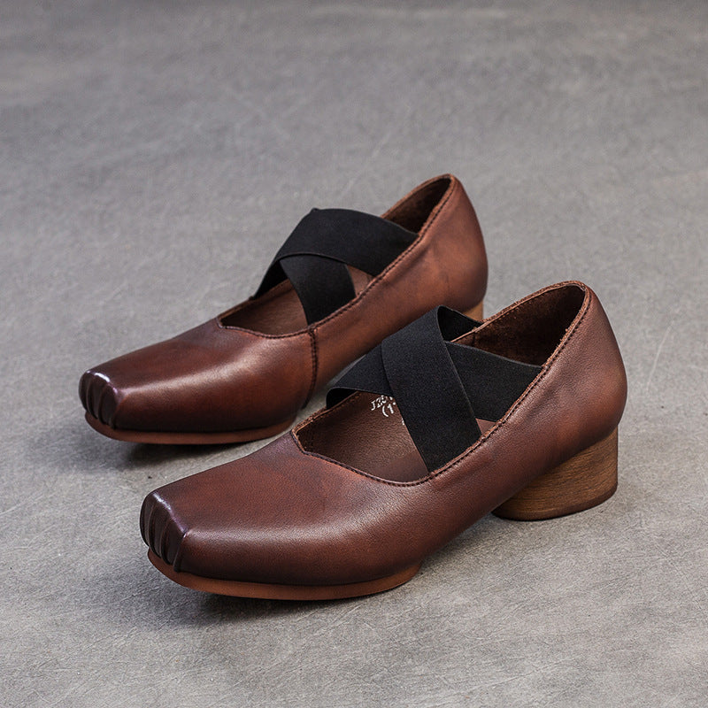 Women Retro Leather Cross Strap Low Block Casual Shoes-RAIIFY