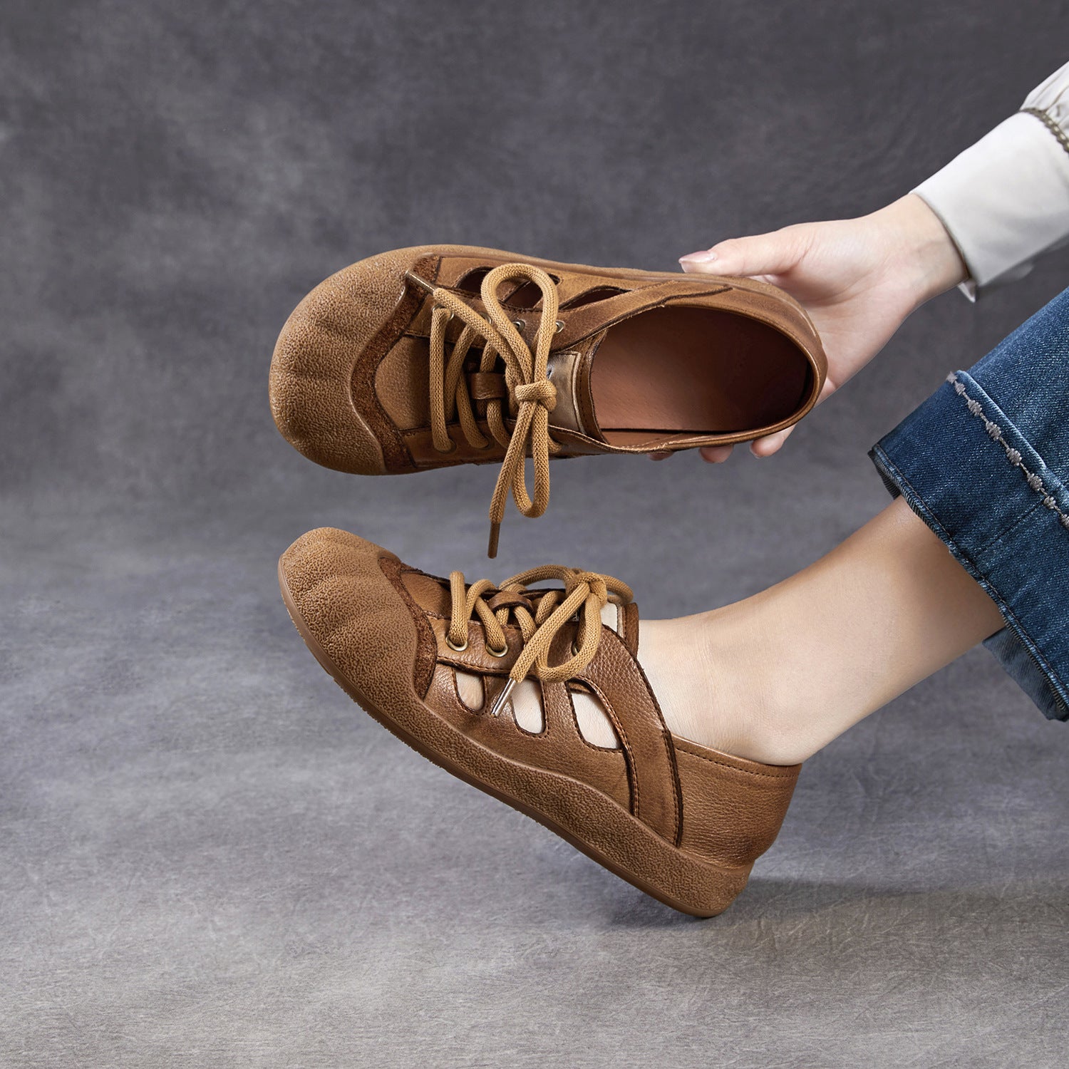 Women's Genuine Leather Retro Hollow-Out Lace-Up Casual Sandals-RAIIFY