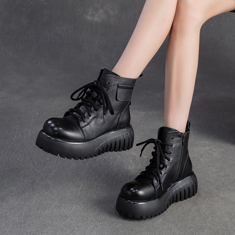 Women's Vintage Leather Casual Platform Boots-RAIIFY