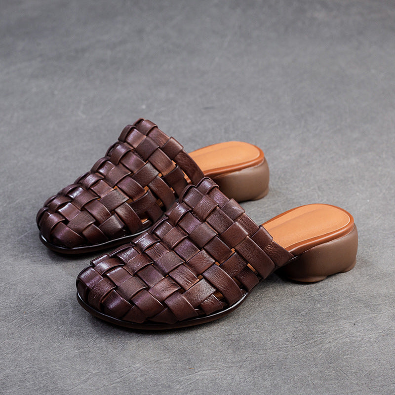 Women Handmade Plaited Leather Low Block Slides Sandals-RAIIFY