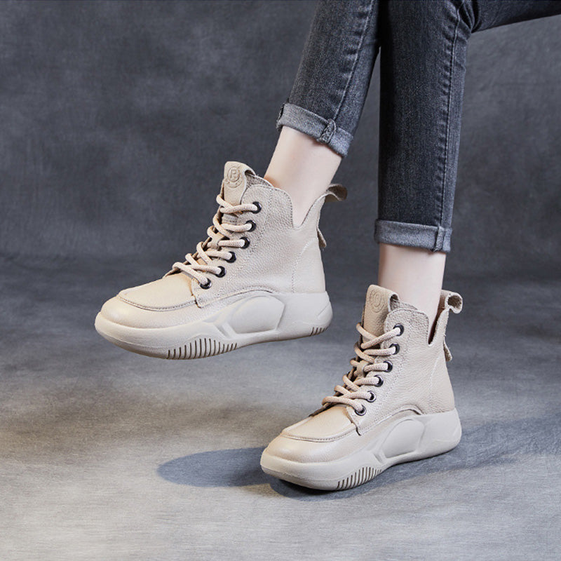 Women Retro Solid Leather Thick Soled Ankle Boots-RAIIFY