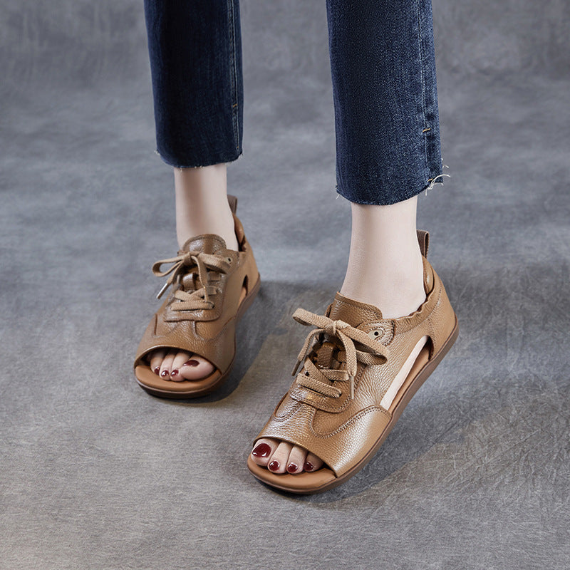 Women's Genuine Leather Retro Soft Sole Lace Up Sandals-RAIIFY