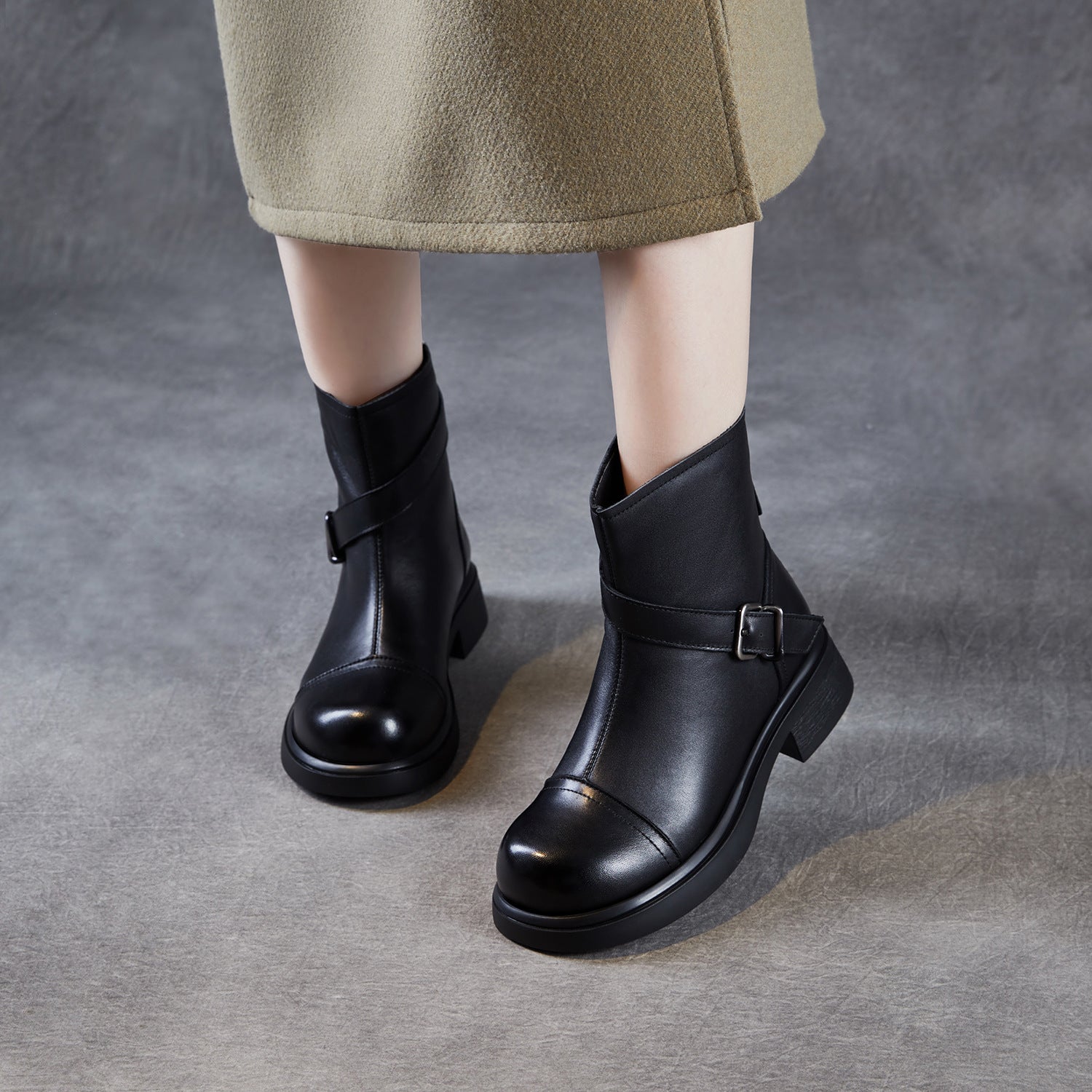 Women's Vintage Leather Buckle Strap Ankle Boots-RAIIFY