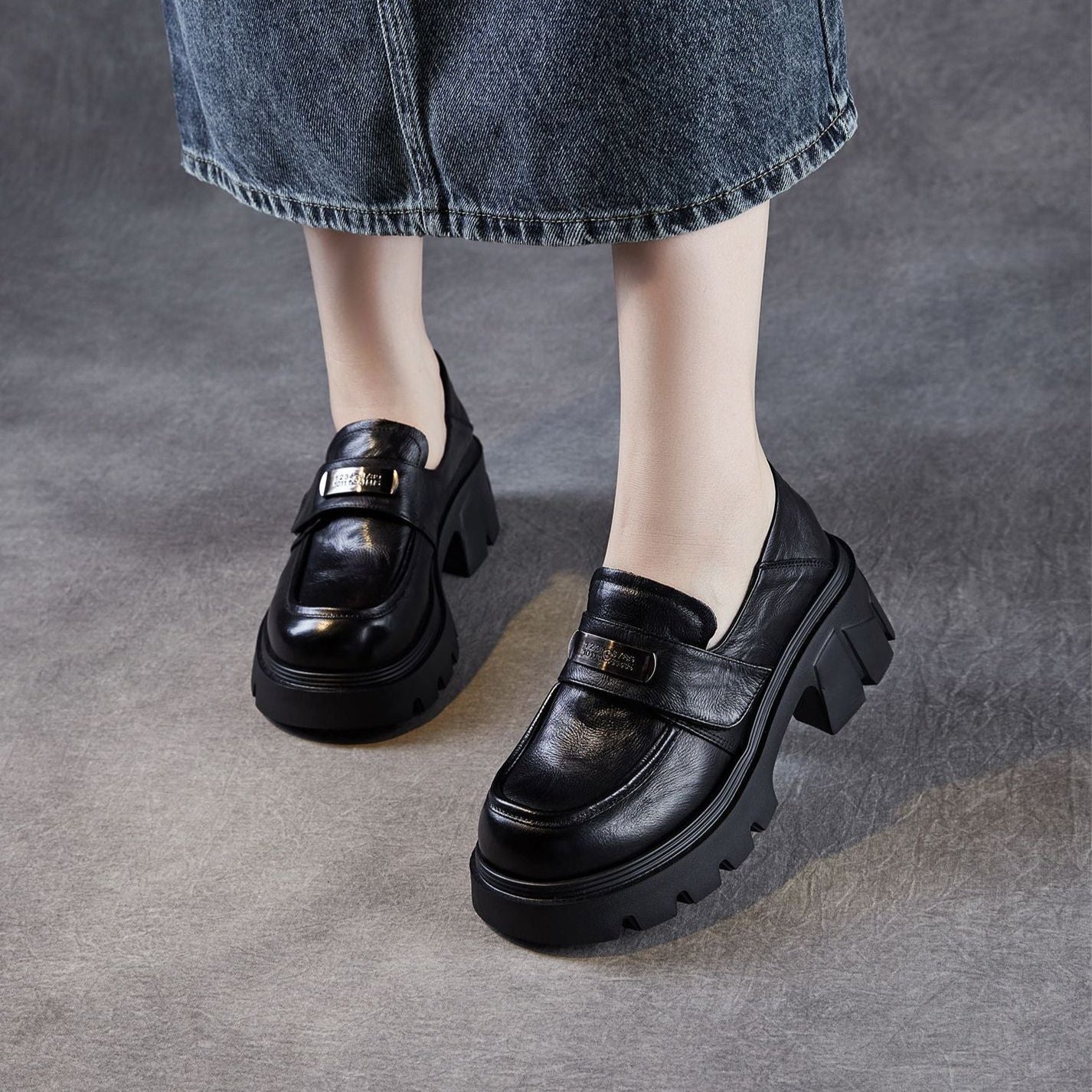 Women's Vintage Leather Metal Buckle Platform Loafers-RAIIFY