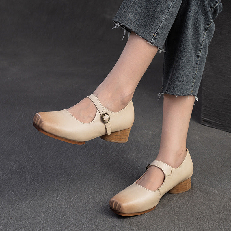 Women Retro Leather Buckle Low Block Casual Shoes-RAIIFY