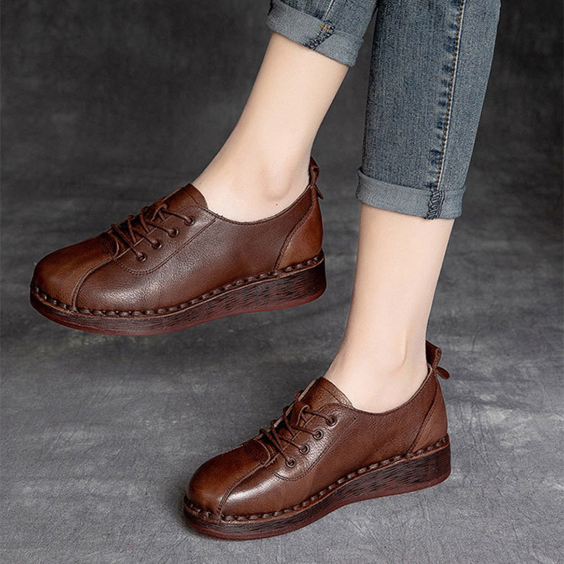 Women Retro Leather Soft Wedge Casual Work Shoes-RAIIFY