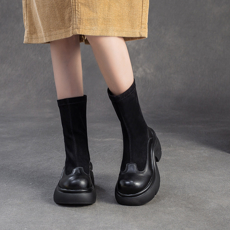 Women's Minimalist Retro Leather Elastic Mid-Calf Boots-RAIIFY
