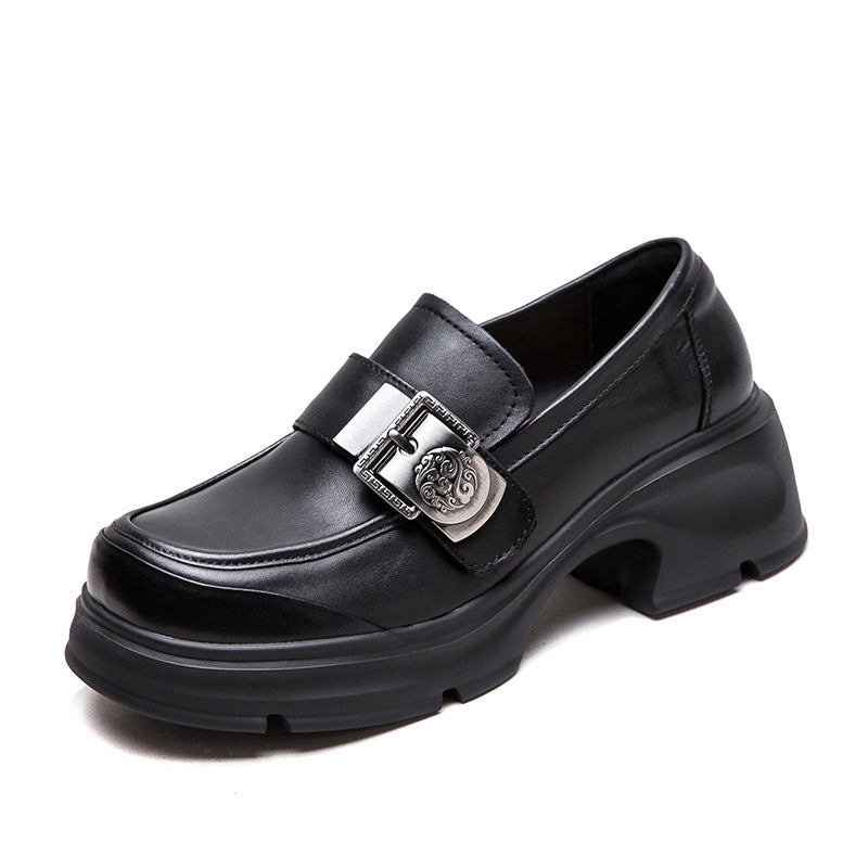 Women Retro Buckle Leather Chunky Heel Loafers-RAIIFY