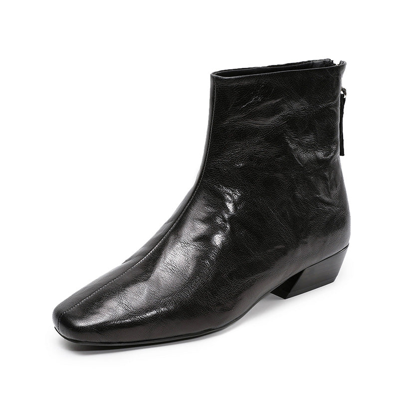 Women's Vintage Plain Leather Low Block Furred Ankle Boots-RAIIFY