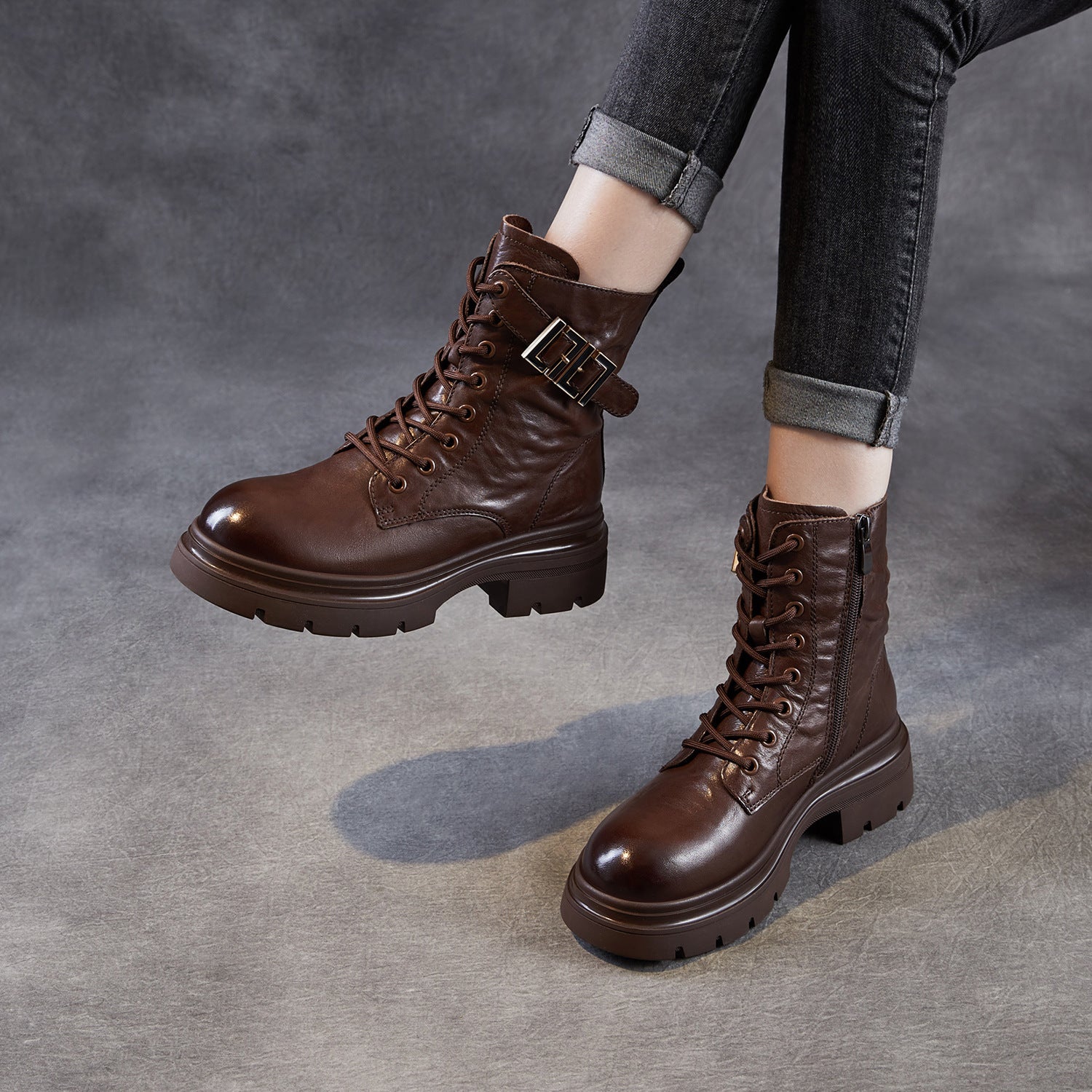 Women's Vintage Leather Winter Motorcycle Boots-RAIIFY