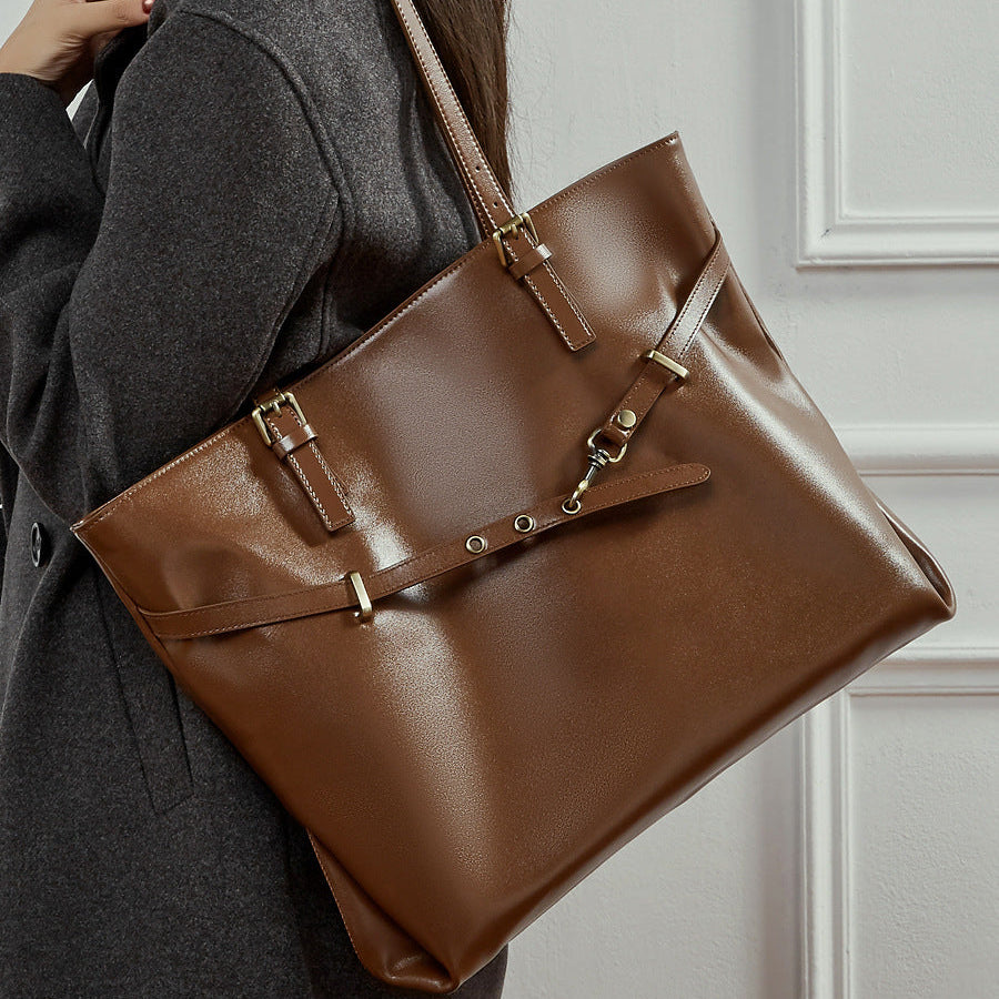 Women's Retro Plain Leather Shoulder Tote Bag-RAIIFY