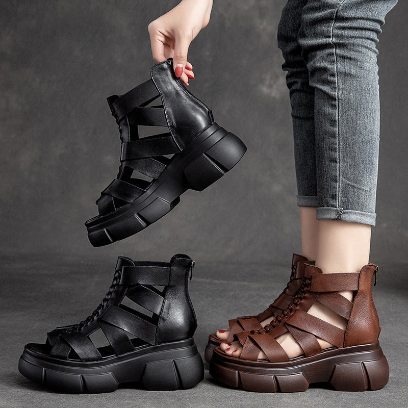 Women's Retro Plaited Leather High Top Platform Sandals-RAIIFY