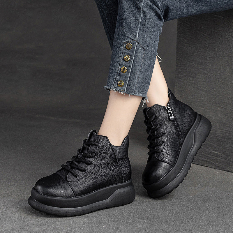 Women Retro Leather Furred Warm Platform Ankle Boots-RAIIFY