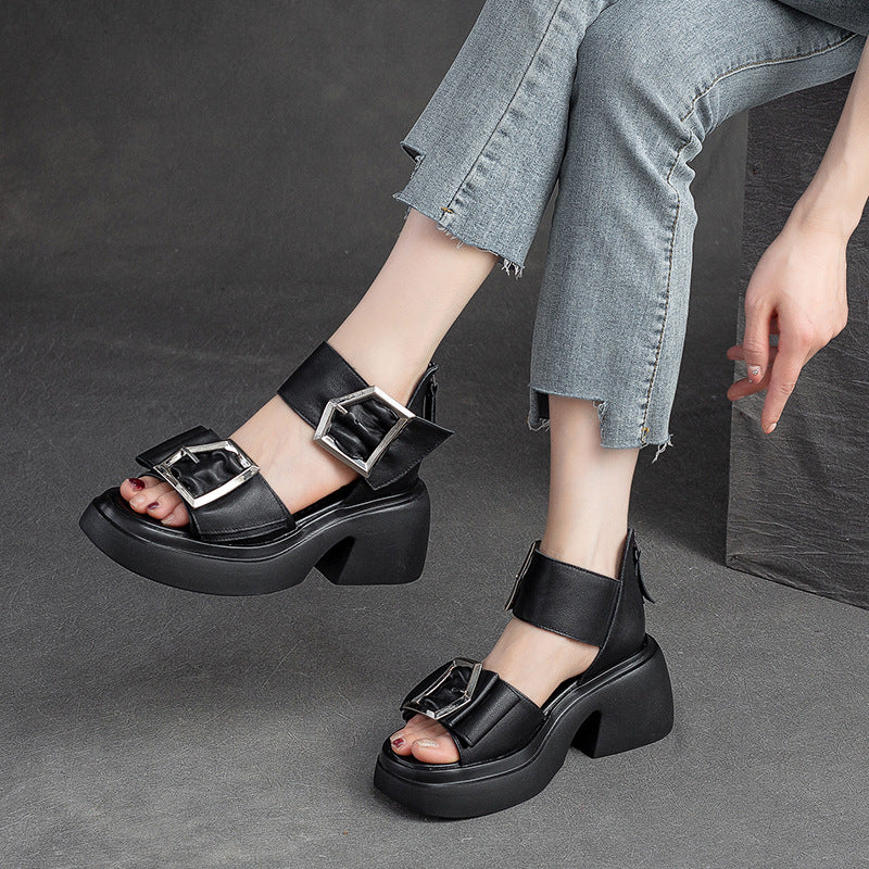 Women Summer Leather Elegant Chunky Heel Sandals-RAIIFY