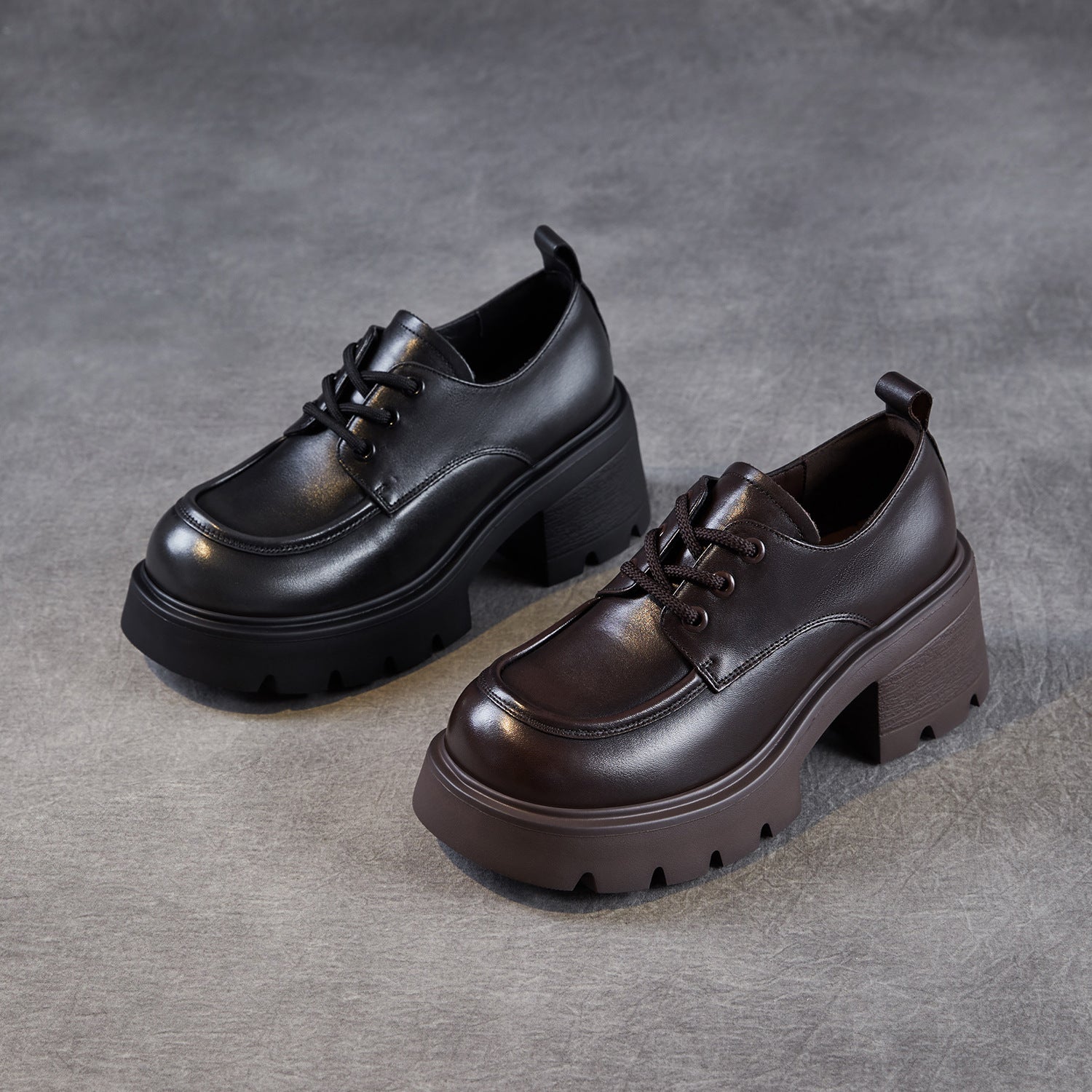 Women's Leather Lace-up Chunky Heel Loafers-RAIIFY