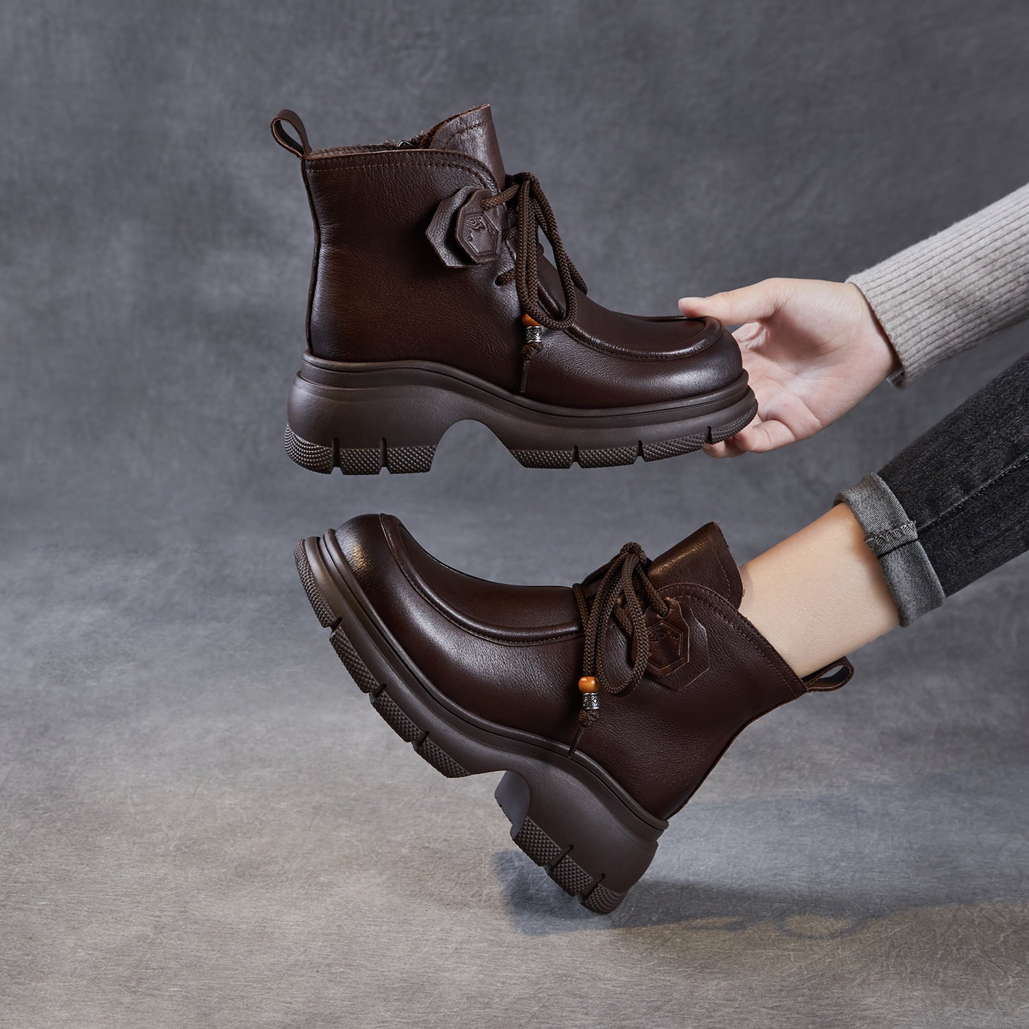 Women's Retro Leather Platform Casual Ankle Boots-RAIIFY