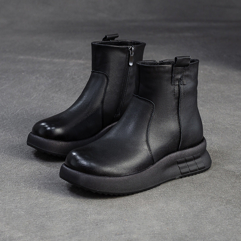 Women's Minimalist Plain Leather Furred Ankle Snow Boots-RAIIFY