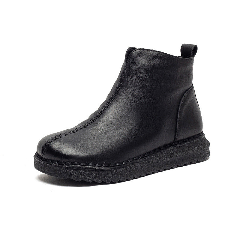 Women's Vintage Plain Leather Furred Flat Ankle Boots-RAIIFY