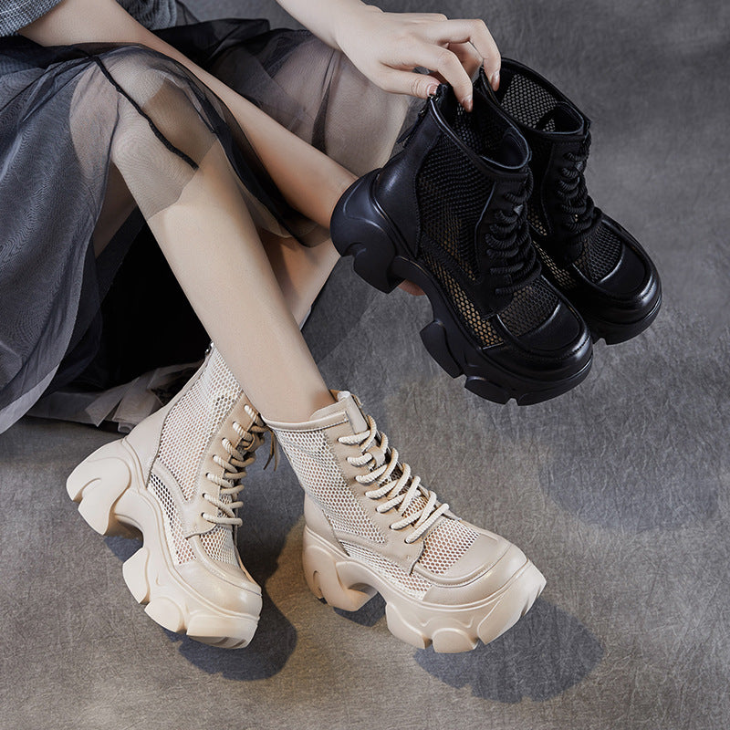 Women Casual Plain Hollow Mesh Leather Platform Boots-RAIIFY