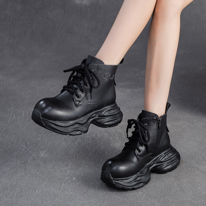 Women's Vintage Leather Platform Ankle Boots-RAIIFY