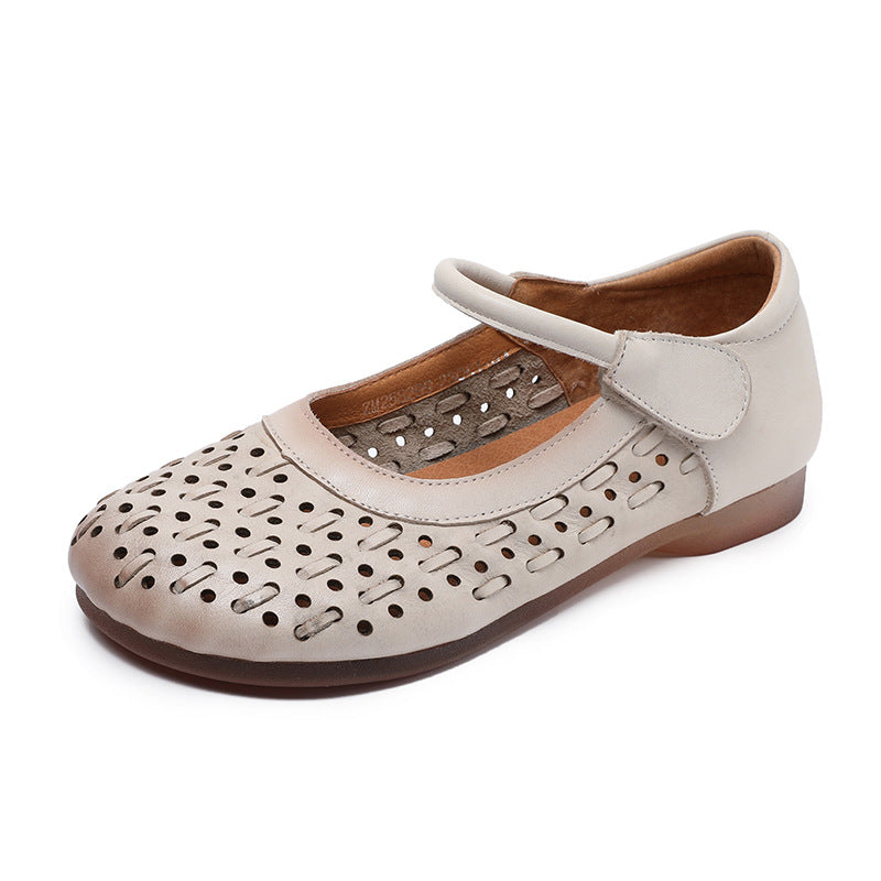 Women Retro Plain Hollow Leather Low Top Flats-RAIIFY