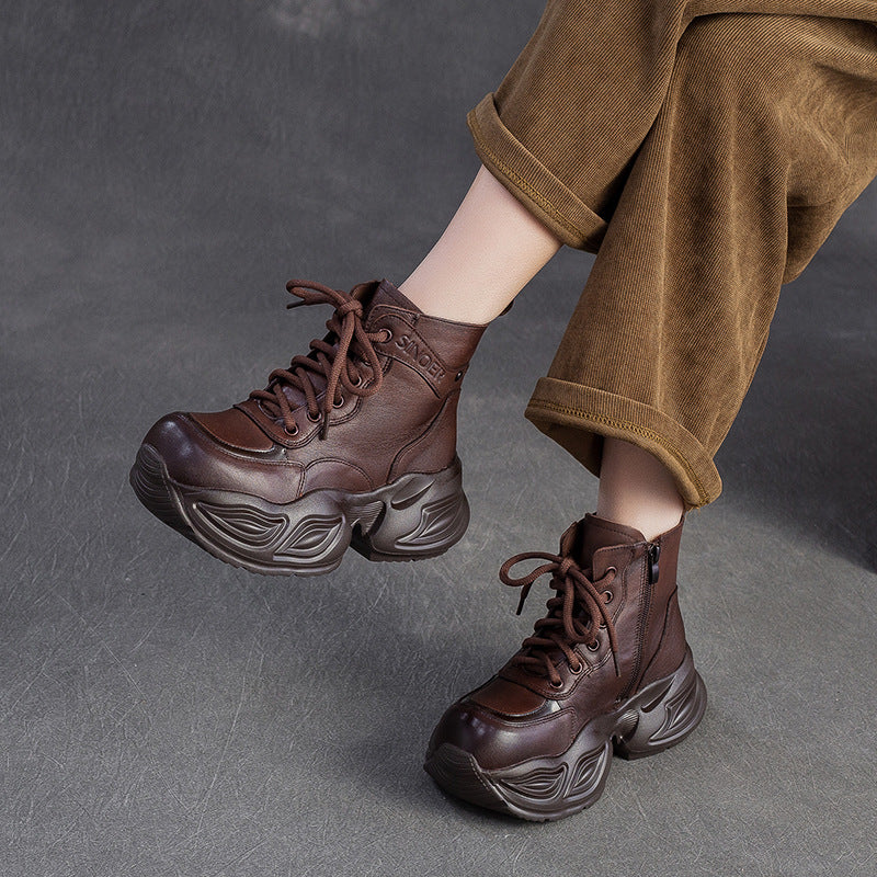 Women's Vintage Leather Chunky Platform Boots-RAIIFY