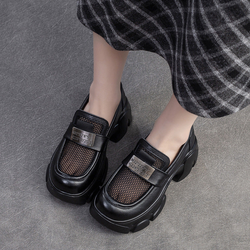 Women Hollow Mesh Leather Chunky Platform Loafers-RAIIFY