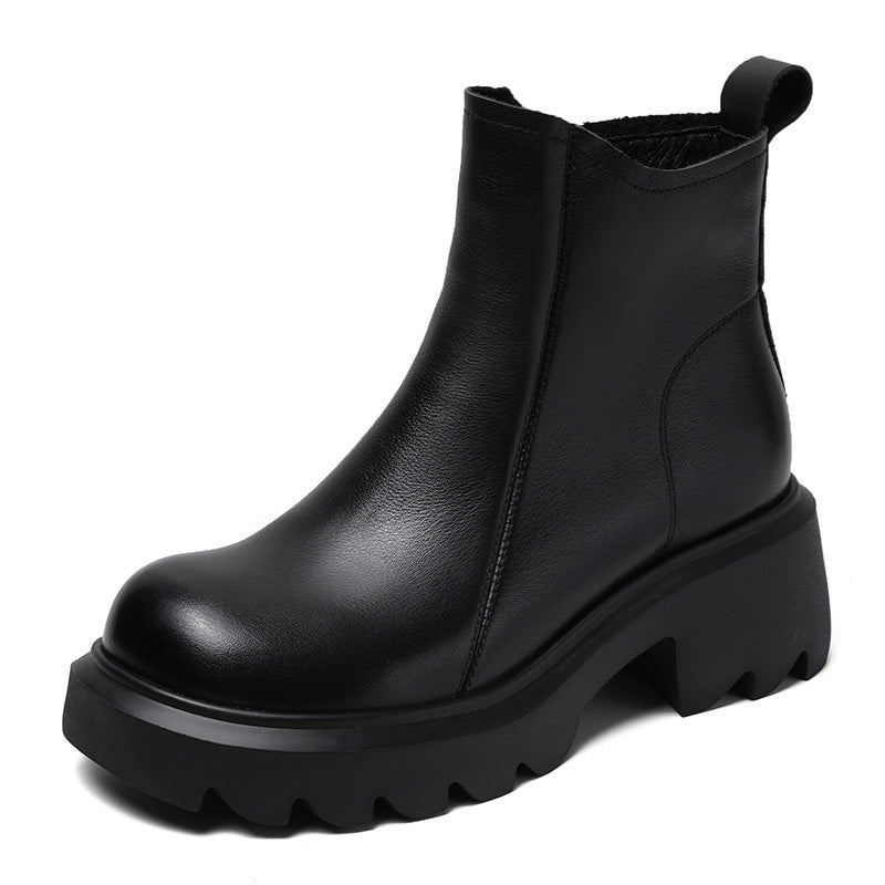 Women Retro Minimalist Leather Lug Soled Boots-RAIIFY