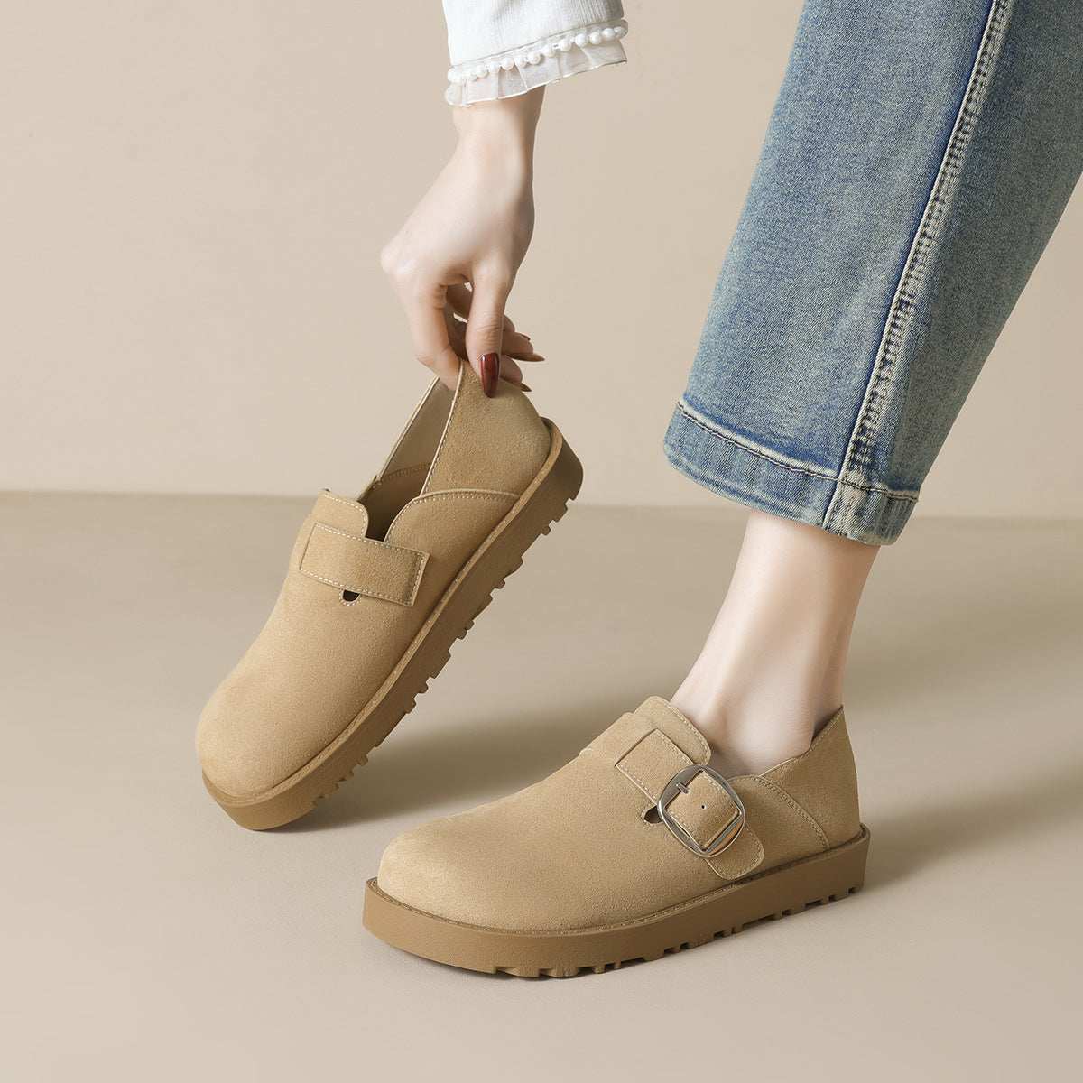 Women's Retro Leather Buckle Casual Flat Shoes-RAIIFY