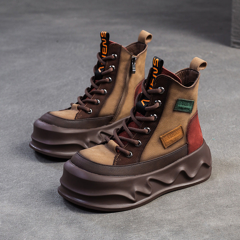 Women Retro Color Matching Leather Winter Platform Boots-RAIIFY