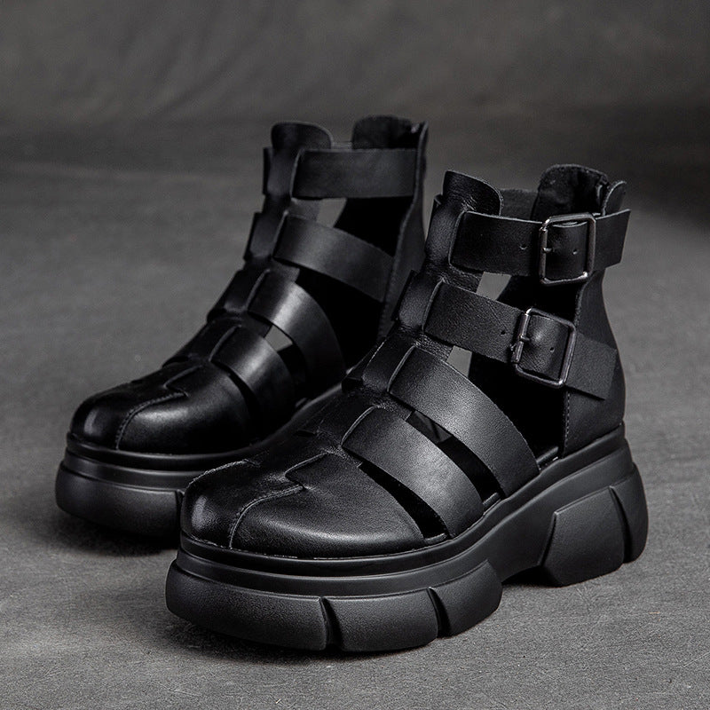 Women's Retro Plaited Leather Platform Bootie Sandals-RAIIFY